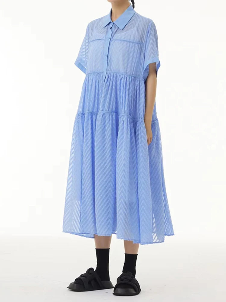 Women Blue Grid Hollow Out Big Size Midi Shirt Dress New Lapel Short Sleeve Fashion Tide Spring Summer 2025 1DJ1208
