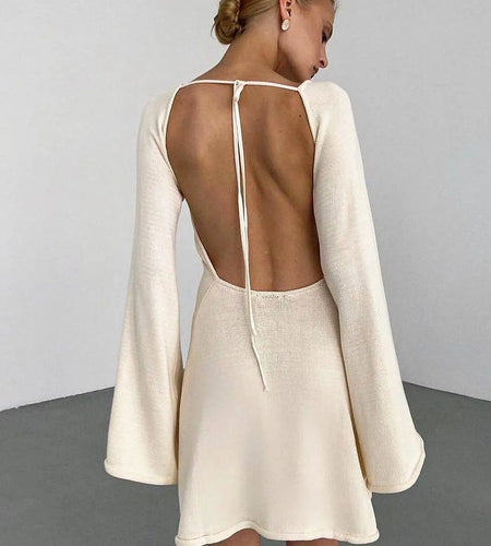 Elegant Knitted Long Flare Sleeve Backless Lace Up Sexy Bodycon Mini Prom Dress Autumn Women Y2K Clothes Birthday Party