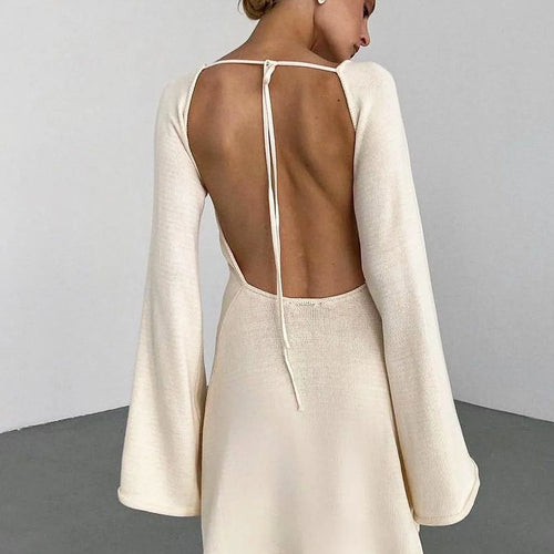 Load image into Gallery viewer, Elegant Knitted Long Flare Sleeve Backless Lace Up Sexy Bodycon Mini Prom Dress Autumn Women Y2K Clothes Birthday Party
