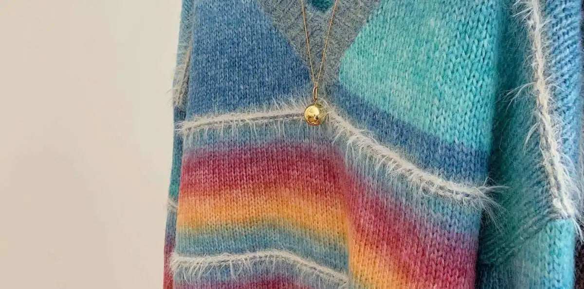 Autumn Winter Women's 2024 Rainbow Striped Pullover Knitwear Sweater Korean Fashion Ladies V Neck Long Sleeved Loose Tops Trendy