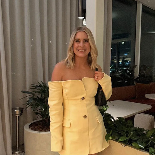 Load image into Gallery viewer, Off-shoulder Strapless Sexy Blazer Dress For Women Fashion Solid Zipper Two Pocket Long Sleeve Backless Mini Dress
