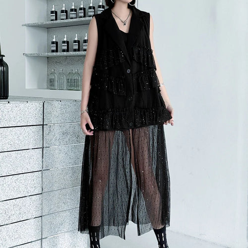 Load image into Gallery viewer, Women Black Singles Breasted Mesh Big Size Midi Vest Dress New Lapel Sleeveless Fashion Tide Spring Autumn 2025 1DJ1041
