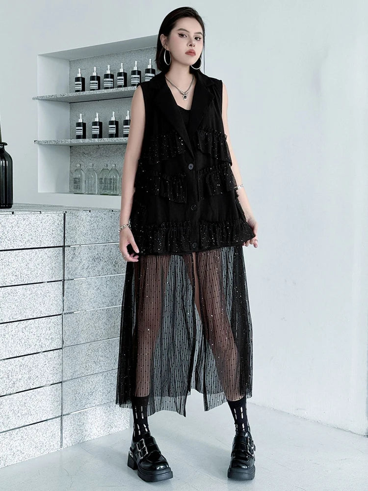Women Black Singles Breasted Mesh Big Size Midi Vest Dress New Lapel Sleeveless Fashion Tide Spring Autumn 2025 1DJ1041