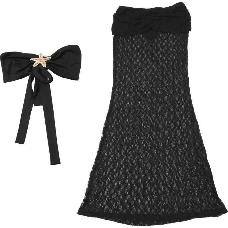 Strapless Sexy Tops And Skirt 2 Pieces Sets Wome Lace Sleeveless Crop Tops And See Through Long Skirt Two Pieces Sets