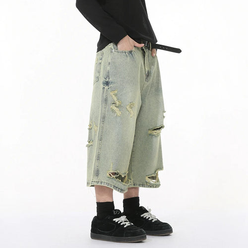 Load image into Gallery viewer, High Street Men's Denim Shorts Irregular Holes Design Solid Color Straight Trousers Wide Leg Summer Male Jeans New 9W1272
