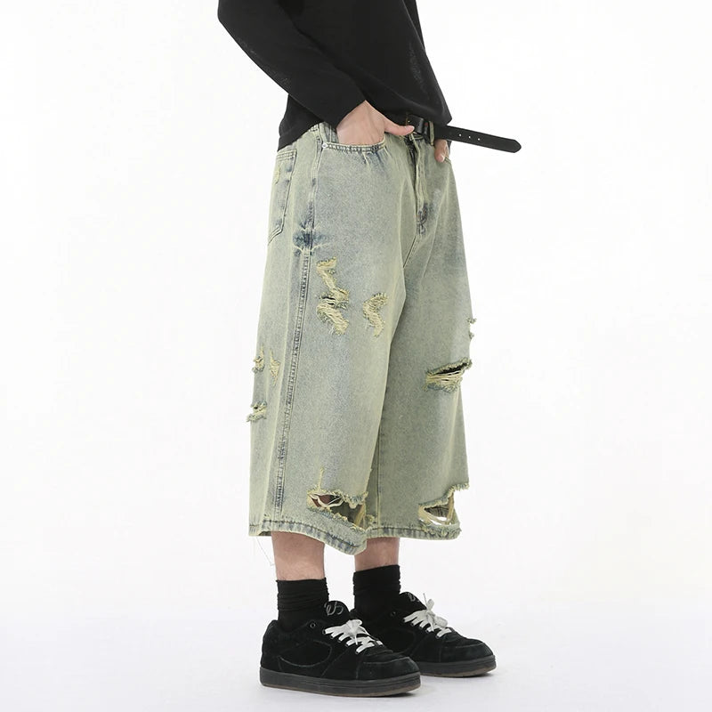 High Street Men's Denim Shorts Irregular Holes Design Solid Color Straight Trousers Wide Leg Summer Male Jeans New 9W1272