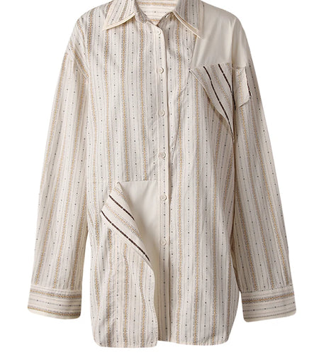 Women  Apricot Striped Irregular Big Size Blouse New Lapel Long Sleeve Shirt Fashion Tide Spring Autumn 2025 CPG3305