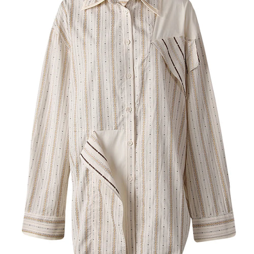 Load image into Gallery viewer, Women  Apricot Striped Irregular Big Size Blouse New Lapel Long Sleeve Shirt Fashion Tide Spring Autumn 2025 CPG3305
