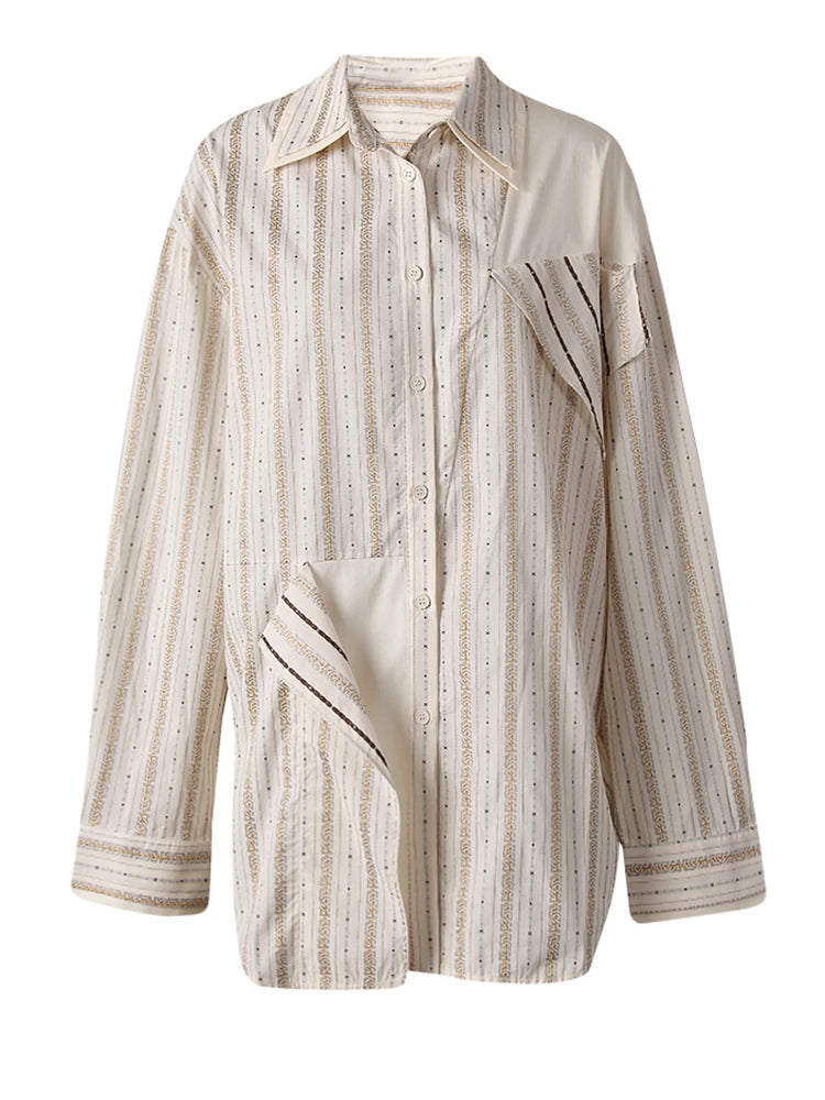 Women  Apricot Striped Irregular Big Size Blouse New Lapel Long Sleeve Shirt Fashion Tide Spring Autumn 2025 CPG3305