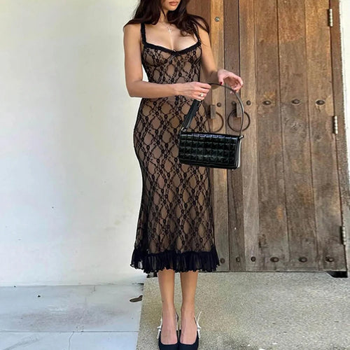 Load image into Gallery viewer, Spaghetti Strap Elegant Sexy Lace Dress Ladies Mesh Spliced Fold Fashion Evening Party Dress Long Bow Trumpet Clothes
