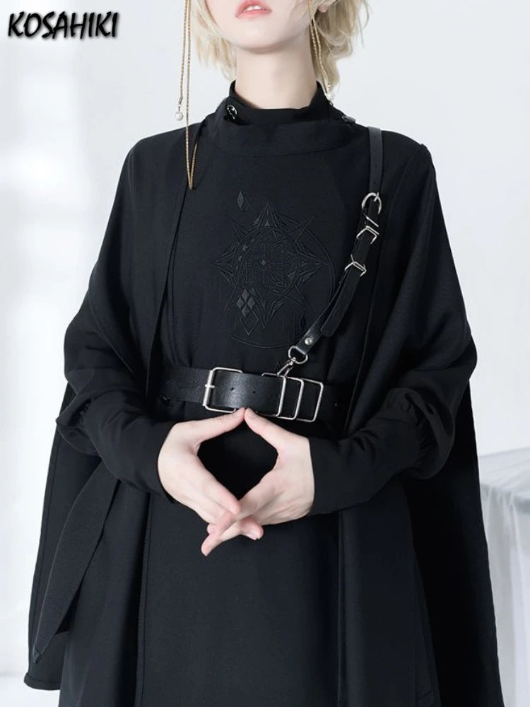 Harajuku Women Black Jackets Gothic Vintage Cloak Coats Y2k Aesthetic Loose Zipper Jacket Streetwear Grunge Sleeveless Split Top