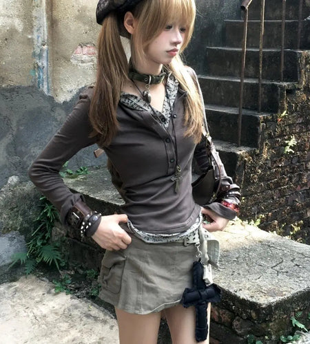 Women Clothing Harajuku T Shirts Long Sleeve Letter Hoodeed Tshirts Korean Camisetas Fake Two Tees Casual Fashion Y2k Tops