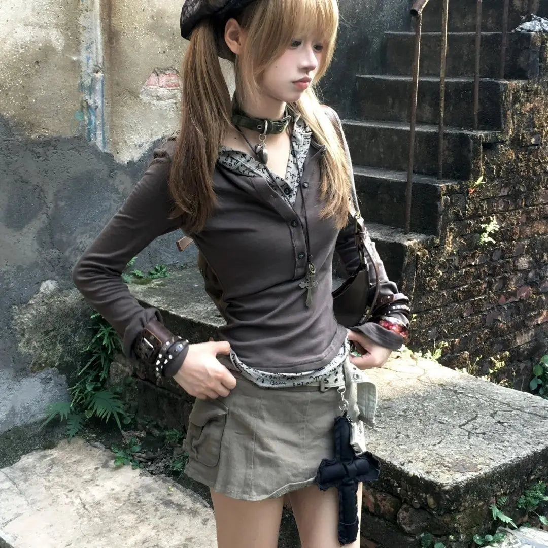 Women Clothing Harajuku T Shirts Long Sleeve Letter Hoodeed Tshirts Korean Camisetas Fake Two Tees Casual Fashion Y2k Tops