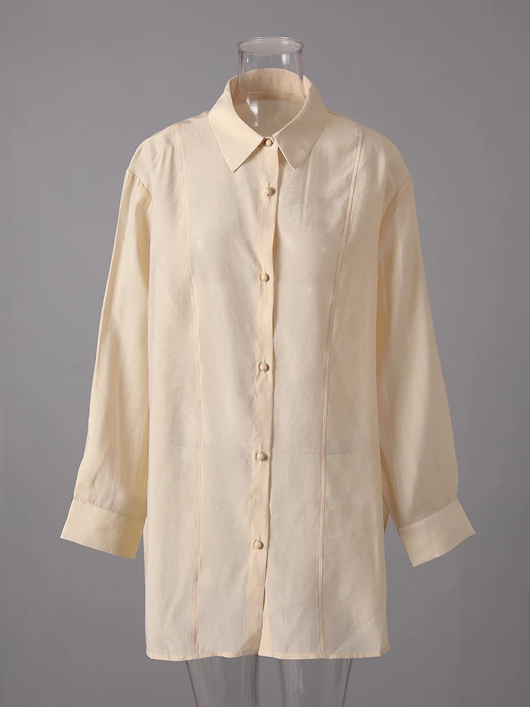 Women Apricot Thin Perspective Casual Big Size Blouse New Lapel Long Sleeve Shirt Fashion Tide Spring Autumn 2025 CPG3314