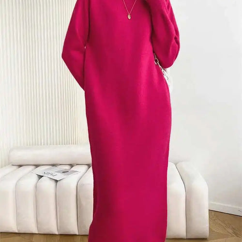 Load image into Gallery viewer, Women Rose Red Casual Midi Elegant Knitting Dress New Round Neck Long Sleeve Fashion Tide Spring Autumn 2025 1DH6450
