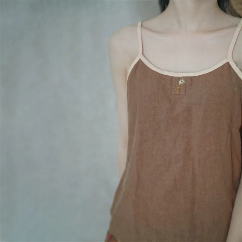 y2k Cami Tops Women Summer Clothes Floral Embroidery Spaghetti Strap Sleeveless Cotton Linen T Shirts 2000s Clothing