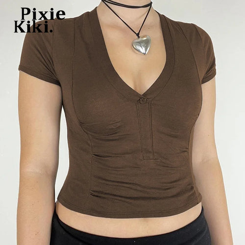 Load image into Gallery viewer, Button V-neck Short Sleeve T Shirts Summer 2000s Clothes Y2k Women Casual Basic Crop Tops Brown P66-BC11
