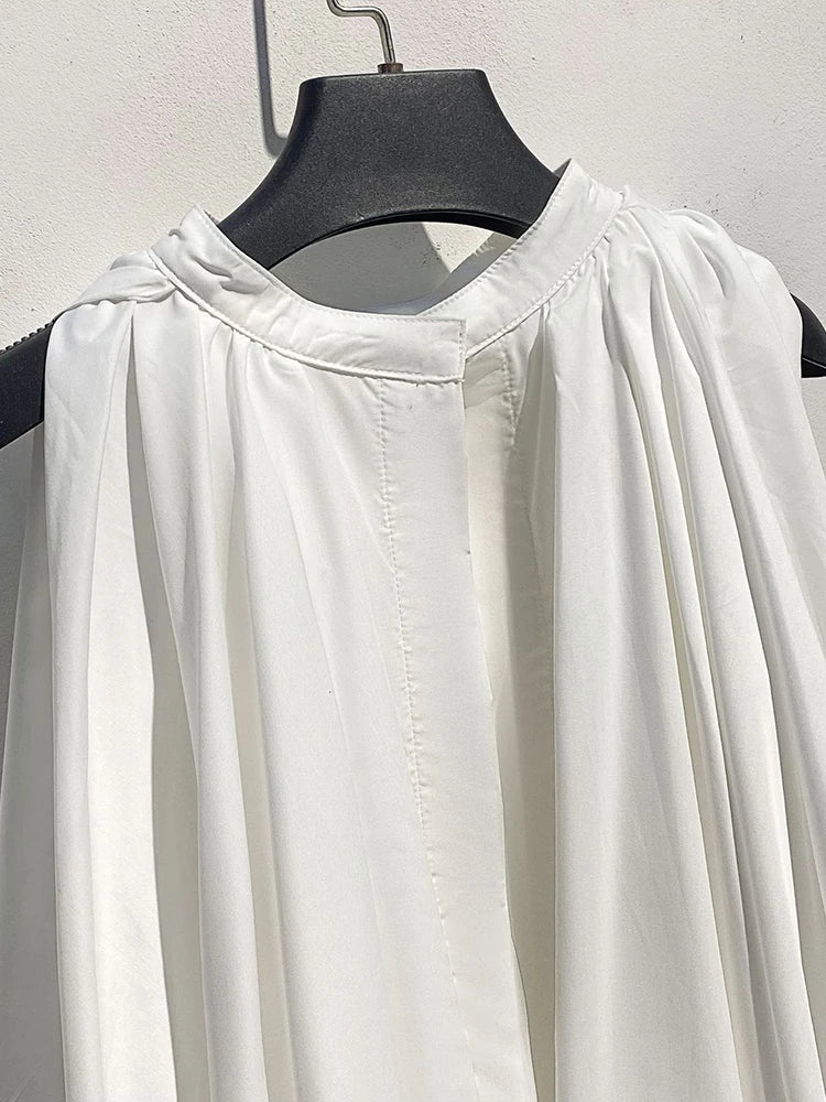 Women White Pleated Elegant Big Size Bud Blouse New Stand Collar Sleeveless Shirt Fashion Tide Spring Summer 2025 1DJ1484