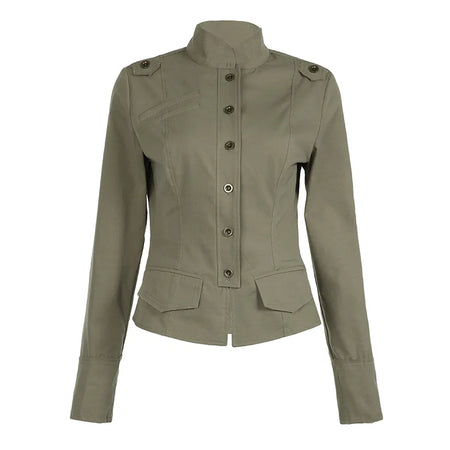 Stand Collar Button Up Cargo Jacket Coat Y2k Streetwear Long Sleeve Top 2024 Autumn Women Clothing P84-DI23