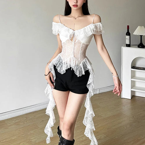 Load image into Gallery viewer, 2025 Y2k Aesthetic Lace Irregular Tops Vintage Harajuku Hollow Out Summer T-Shirt Streetwear See Through Shirt Fairy Bandage Tee
