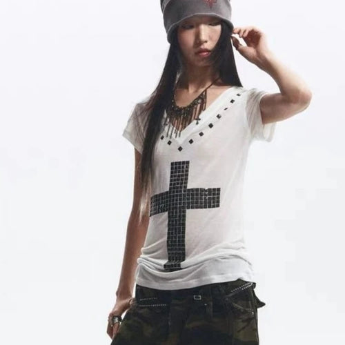 Load image into Gallery viewer, 2025 Y2k Aesthetic Women Casual T-shirt Vintage Cross Beading Streetwear Grunge Tshirts Harajuku Gothic Loose Vintage Tees Femme
