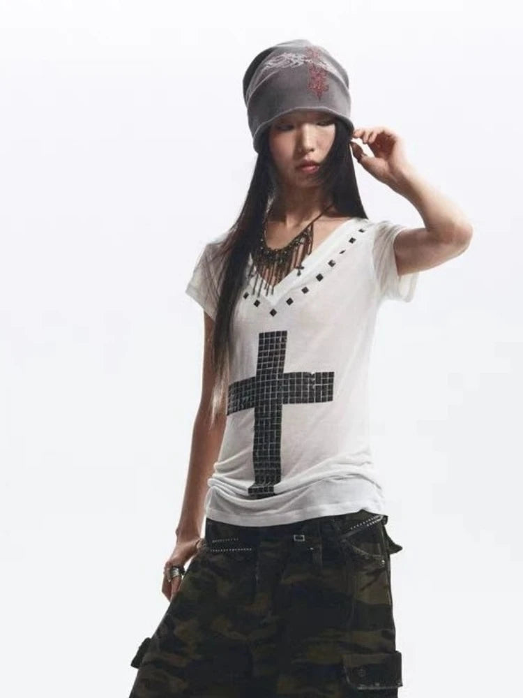2025 Y2k Aesthetic Women Casual T-shirt Vintage Cross Beading Streetwear Grunge Tshirts Harajuku Gothic Loose Vintage Tees Femme