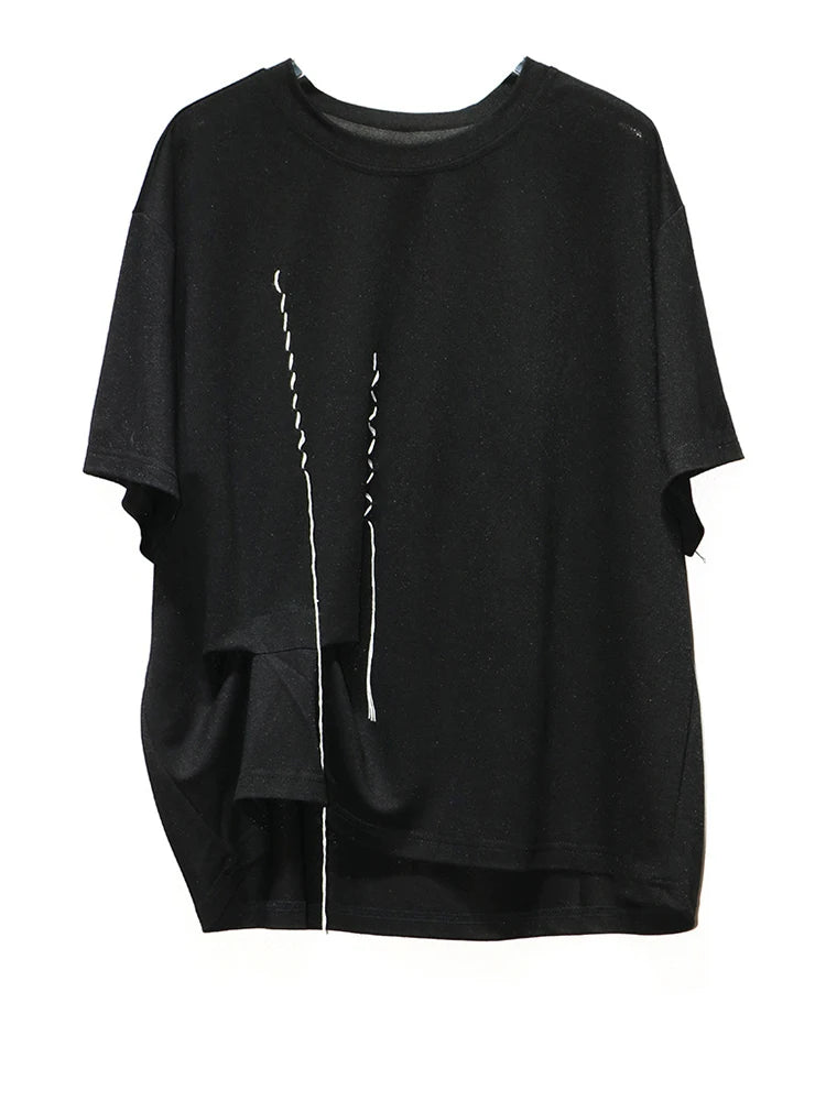 Women Black Topstitched Irregular Big Size T-shirt New Round Neck Short Sleeve Fashion Tide Spring Summer 2025 1DJ0944