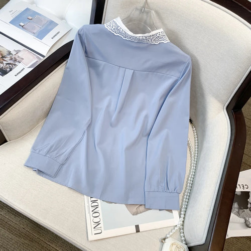 Load image into Gallery viewer, Spring Blue Patchwork Lace Shirt Women Elegant Doll Collar Long Sleeved Blouses Korean Preppy Style Button Cute Tops Retro Trend
