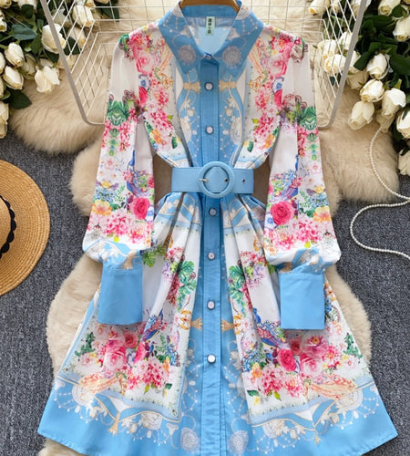French Flower Elegant Single Breasted Long Sleeved Vacation Shirt Dress Spring Fashion Birthday Evening Party Dress Bohemian New
