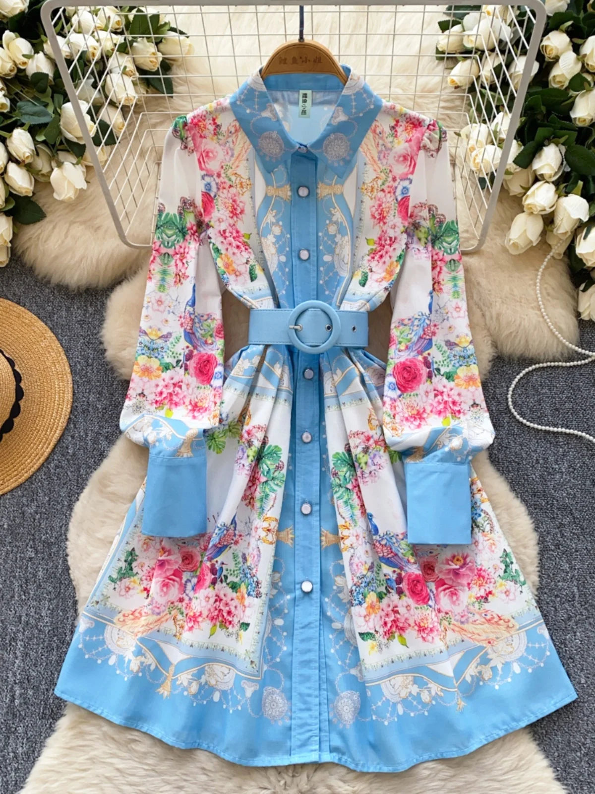 French Flower Elegant Single Breasted Long Sleeved Vacation Shirt Dress Spring Fashion Birthday Evening Party Dress Bohemian New