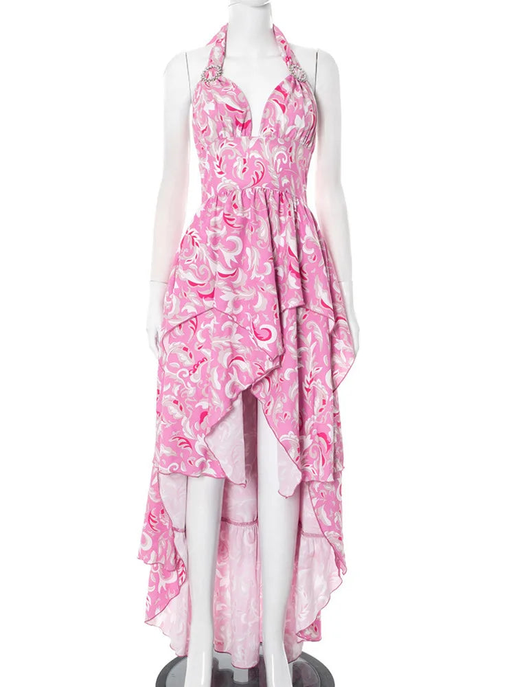 Print Halter Ruffled Sexy Maxi Dress Women Fashion V Neck Sleeveless High Waist Backless Beach Club Party Long Dress