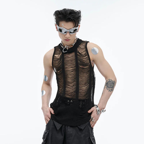 Load image into Gallery viewer, Hollow-out Men&#39;s Vest Round Collar Knitting Tank TopS Slim Fit Solid Color Sleeveless Sexy Summer Streetwear 24Y173
