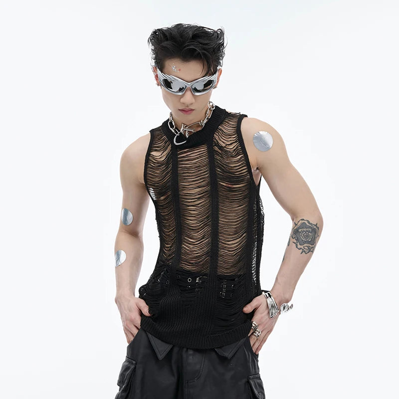 Hollow-out Men's Vest Round Collar Knitting Tank TopS Slim Fit Solid Color Sleeveless Sexy Summer Streetwear 24Y173