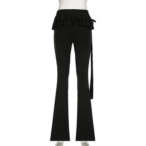Load image into Gallery viewer, Fashion Skinny Ruffles Black Flare Pants Solid Low Waist Tierred Folds Bow Boot Cut Trousers Elegant Sweatpants Chic
