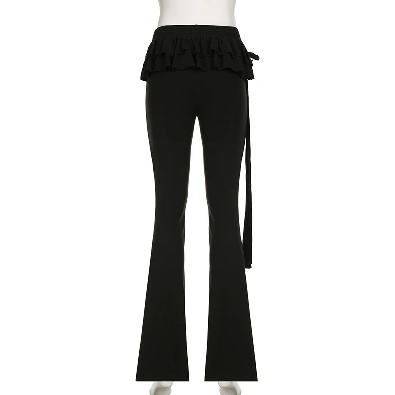 Fashion Skinny Ruffles Black Flare Pants Solid Low Waist Tierred Folds Bow Boot Cut Trousers Elegant Sweatpants Chic