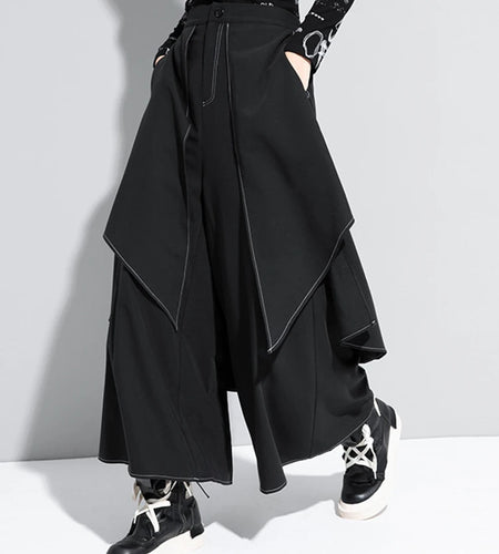 High Elastic Waist Black Irregular Topstitched Wide Leg Pants New Trousers Women Fashion Tide Spring Autumn 2025 1DA613