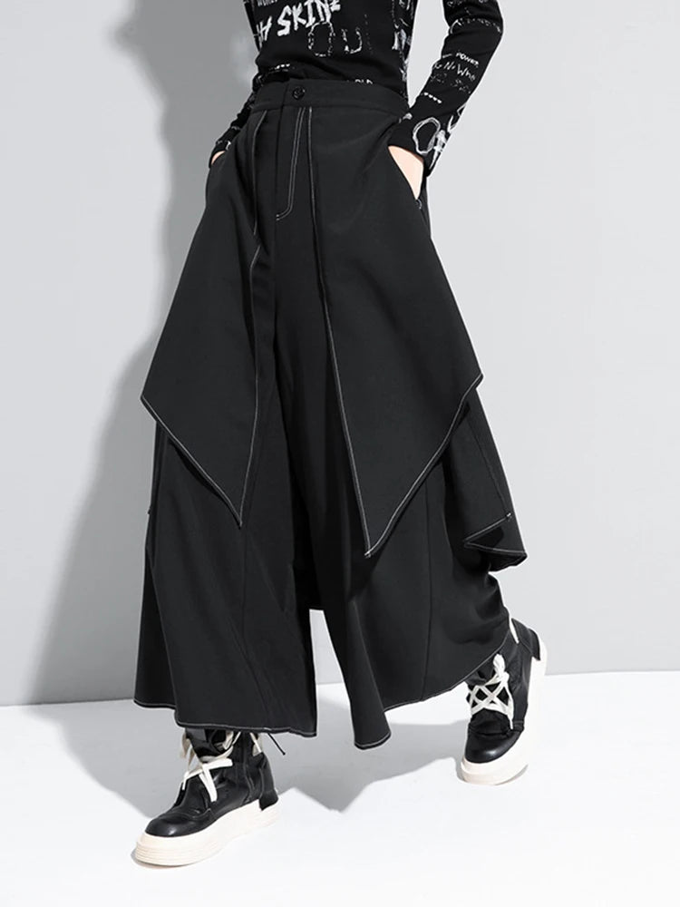 High Elastic Waist Black Irregular Topstitched Wide Leg Pants New Trousers Women Fashion Tide Spring Autumn 2025 1DA613