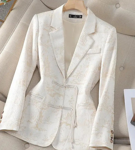 Autumn Winter Vintage Chinese Style Beige Print Elegant Festival Blazers Women Long Sleeve  Single Breasted Coat Fashion Popular