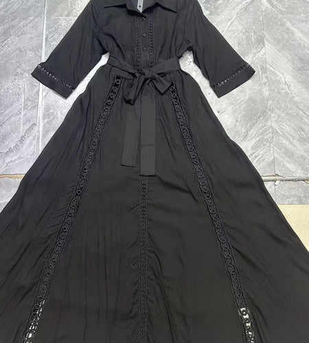 Hollow Out Spliced Single Breasted Fashion Dresses for Women Lapel Short Sleeves Patchwork Lace Up Dress Female New