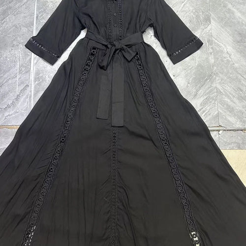 Load image into Gallery viewer, Hollow Out Spliced Single Breasted Fashion Dresses for Women Lapel Short Sleeves Patchwork Lace Up Dress Female New
