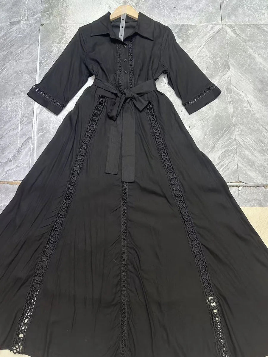 Hollow Out Spliced Single Breasted Fashion Dresses for Women Lapel Short Sleeves Patchwork Lace Up Dress Female New