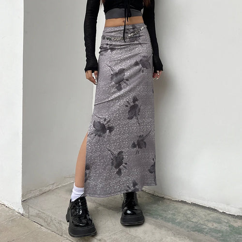 Load image into Gallery viewer, Vintage Flowers Printing Long Skirt Tie Dye Slim Side Slit 2000s Aesthetic Y2K Women Skirts Holidays Grunge Clothing
