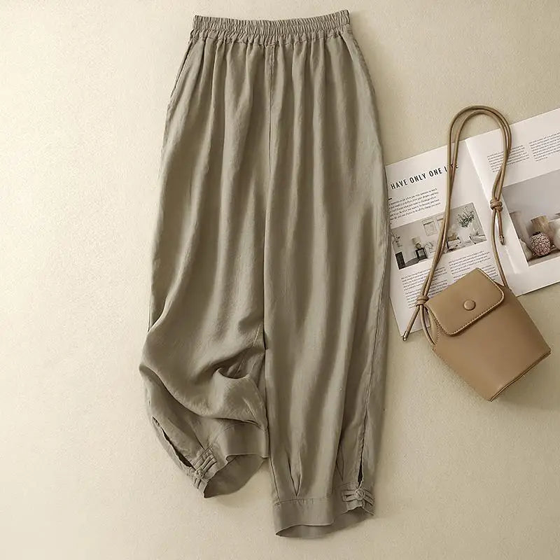 Summer Beige Cotton Straight Wide Leg Ankle-length Lantern Pants Women Pink Green Casual Loose Elastic High Waist Large Size New