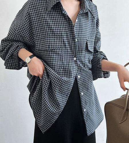 Women Black Plaid Pocket Vintage Big Size Casual Blouse New Lapel Long Sleeve Shirt Fashion Spring Autumn 2025 1DJ1048