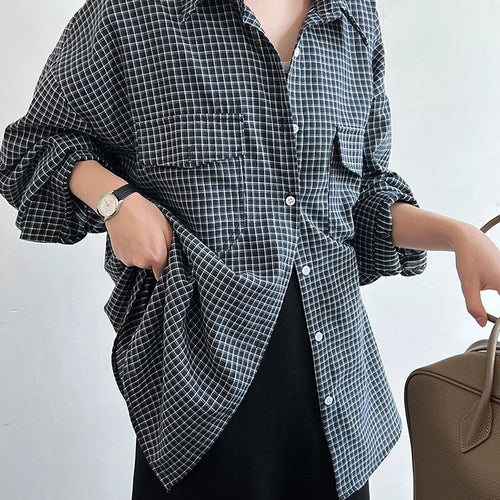 Load image into Gallery viewer, Women Black Plaid Pocket Vintage Big Size Casual Blouse New Lapel Long Sleeve Shirt Fashion Spring Autumn 2025 1DJ1048
