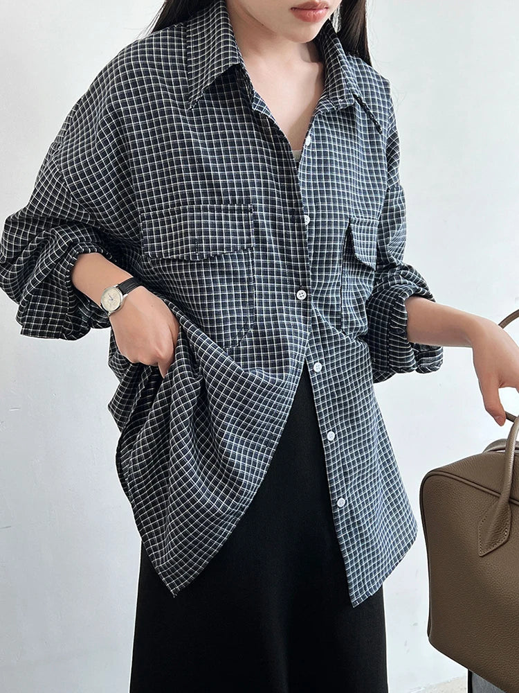 Women Black Plaid Pocket Vintage Big Size Casual Blouse New Lapel Long Sleeve Shirt Fashion Spring Autumn 2025 1DJ1048