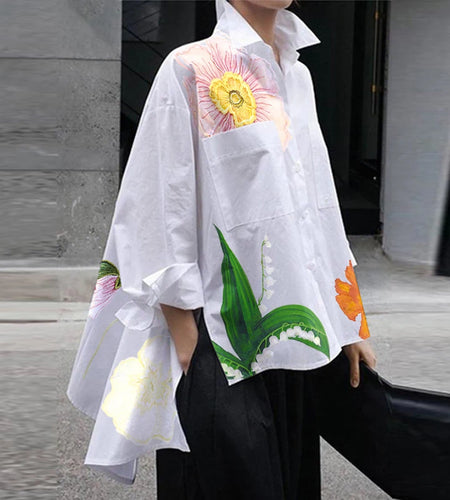 Womens Flower Printed Shirts Blouse Elengant 2025 Fall Summer Spring Original Clothing Classic White Tops for Woman