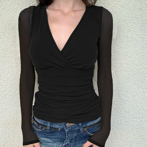 Load image into Gallery viewer, Sexy V-Neck Black Mesh T-shirt Women See Through Chest Folds Long Sleeve Top Tees Gentle Mature Spring Autumn Shirts
