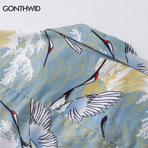 Load image into Gallery viewer, Harajuku Japanese Crane Graphic Print Shirts Y2K Men Summer Button Up Short Sleeve Blouse 2024 Hip Hop Casual Loose Tops Shirt
