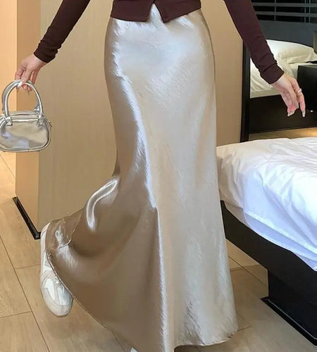Korean Fashion Solid Elegant High Waist Wrap Hip Long Skirt 2025 Spring Summer Women Slim Vacation Pleated A-line Fishtail Skirt